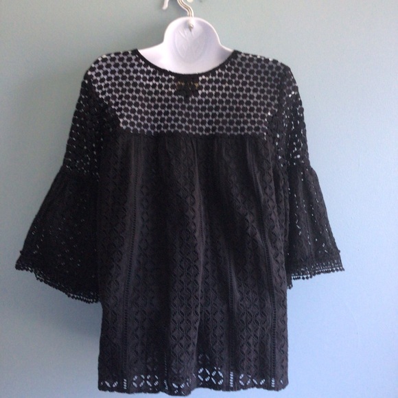 Anthropologie W5 Black 3/4 Length Bell Sleeve 100% Cotton Lace Top S - Picture 3 of 4